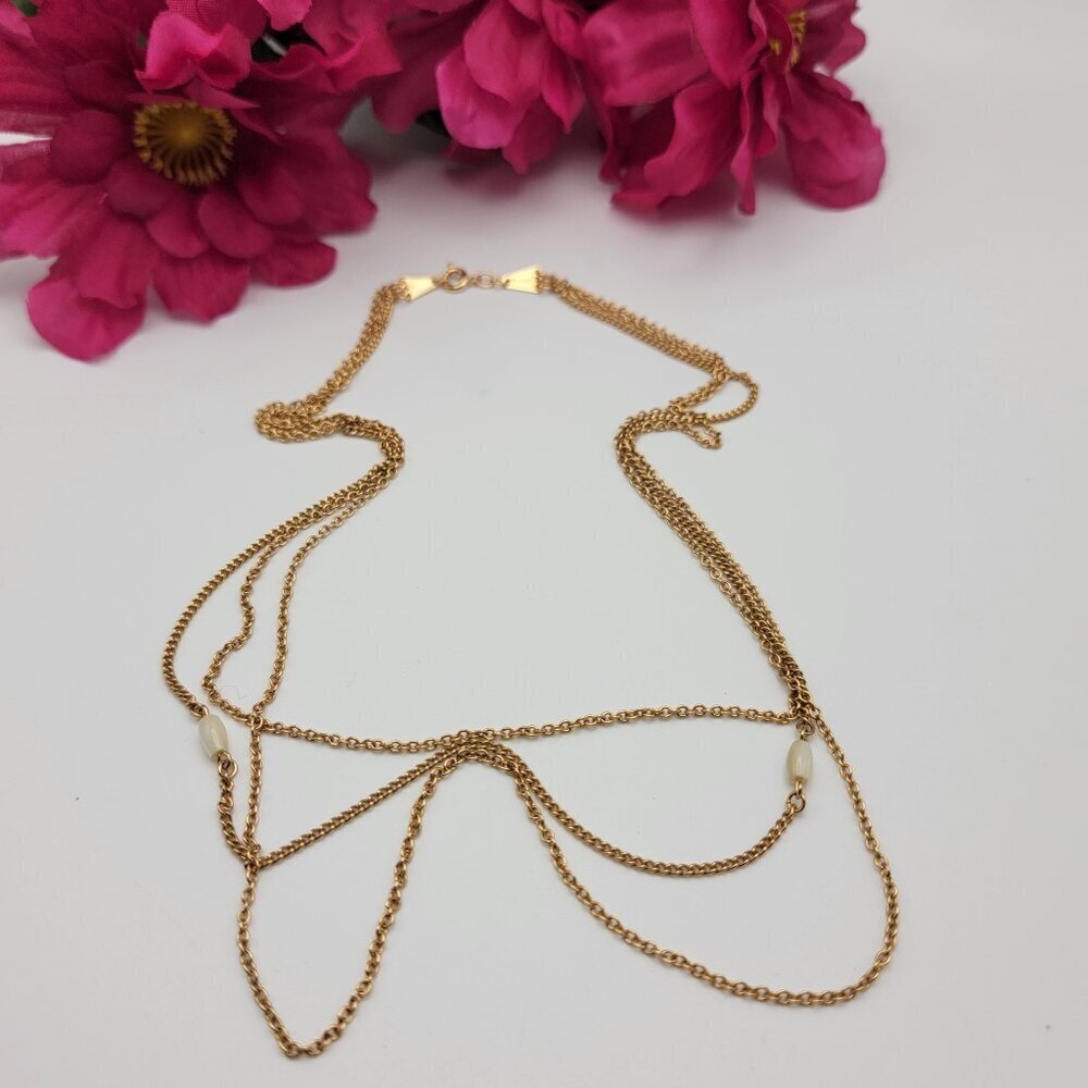 Vintage AVON White Mother Of Pearl Bead Charm Gold Tone Multi Chain Necklace 18"